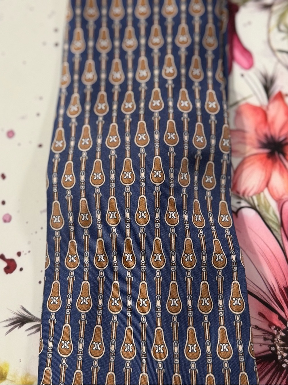 Celine Navy Blue Silk Tie with Brown Repeating Guitar Motif